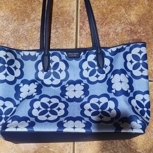 Kate Spade Blue and White Floral Extra Large Tote With Small Bag Inside